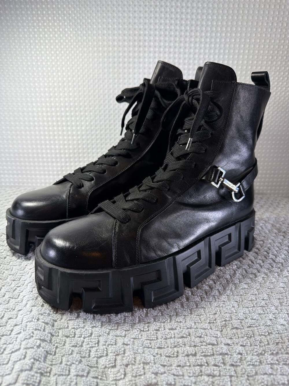 Versace Greca Labyrinth Black Leather Combat Boots